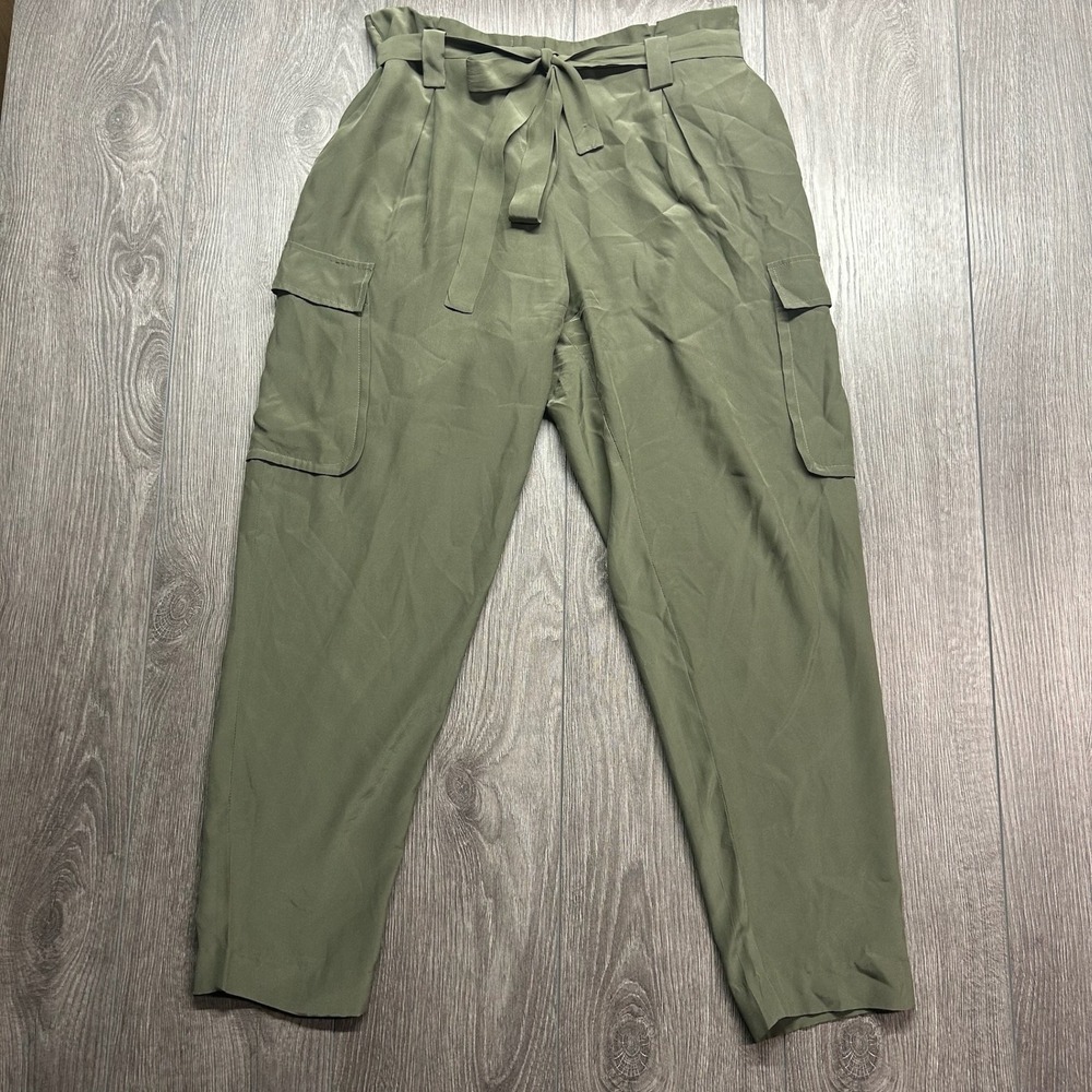 L'AGENCE Olive Green 100% Silk Paperbag Waist Cargo Pants Size 4 High Rise